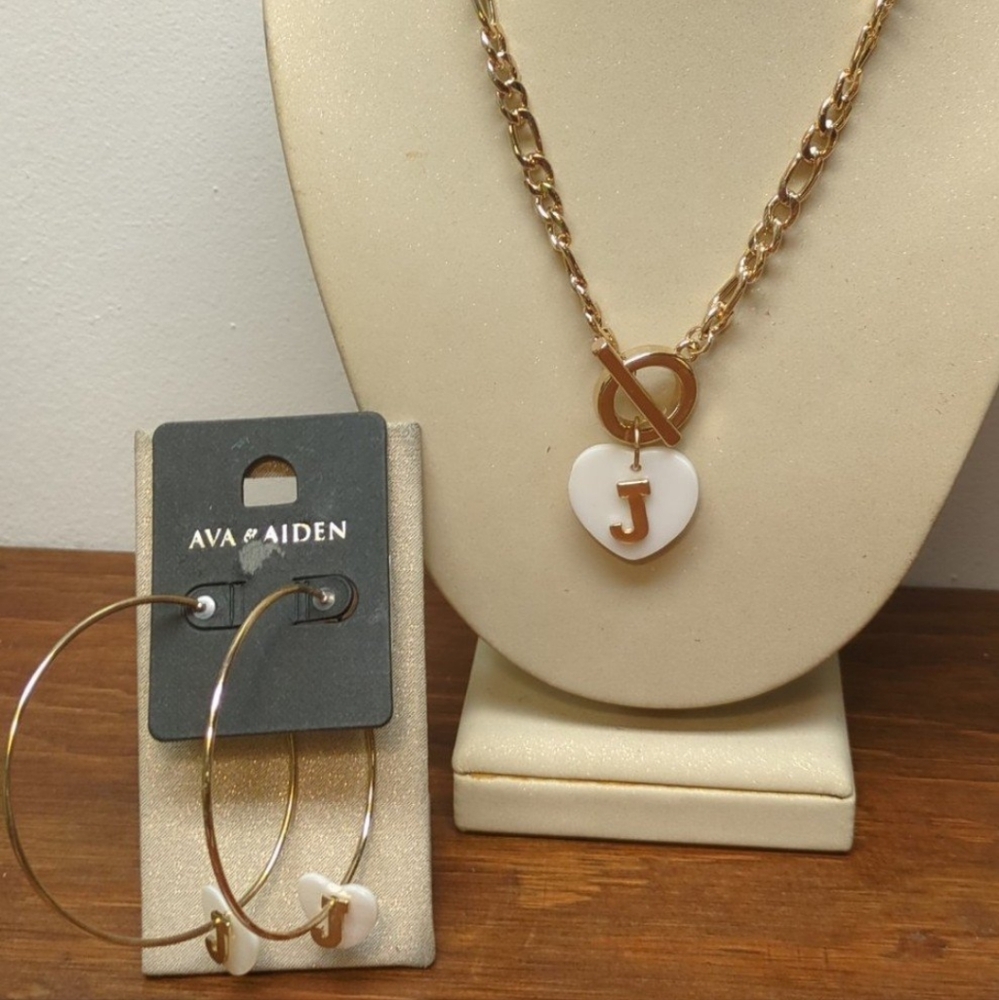 Ava & Aiden 'J' Initial Heart Necklace & Hoop Earrings Set Gold Tone NWT